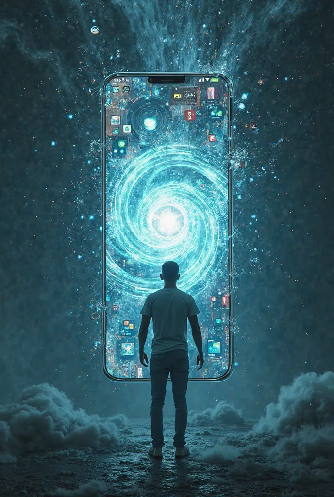 A  being suck by a portal that is his phone with a virus at the back and icons of Google Chrome, tiktok, YouTube, Instagram, Facebook 