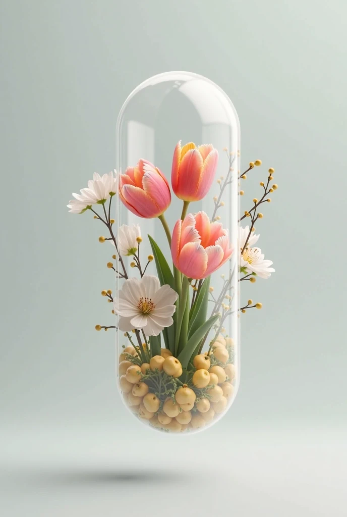 depict March 8 in a capsule, the capsule as a medicine, inside the capsule are tulips and mimosa, and mimosa branches are flying around, the capsule is located horizontally in the air, the image is realistic, the background is light gray