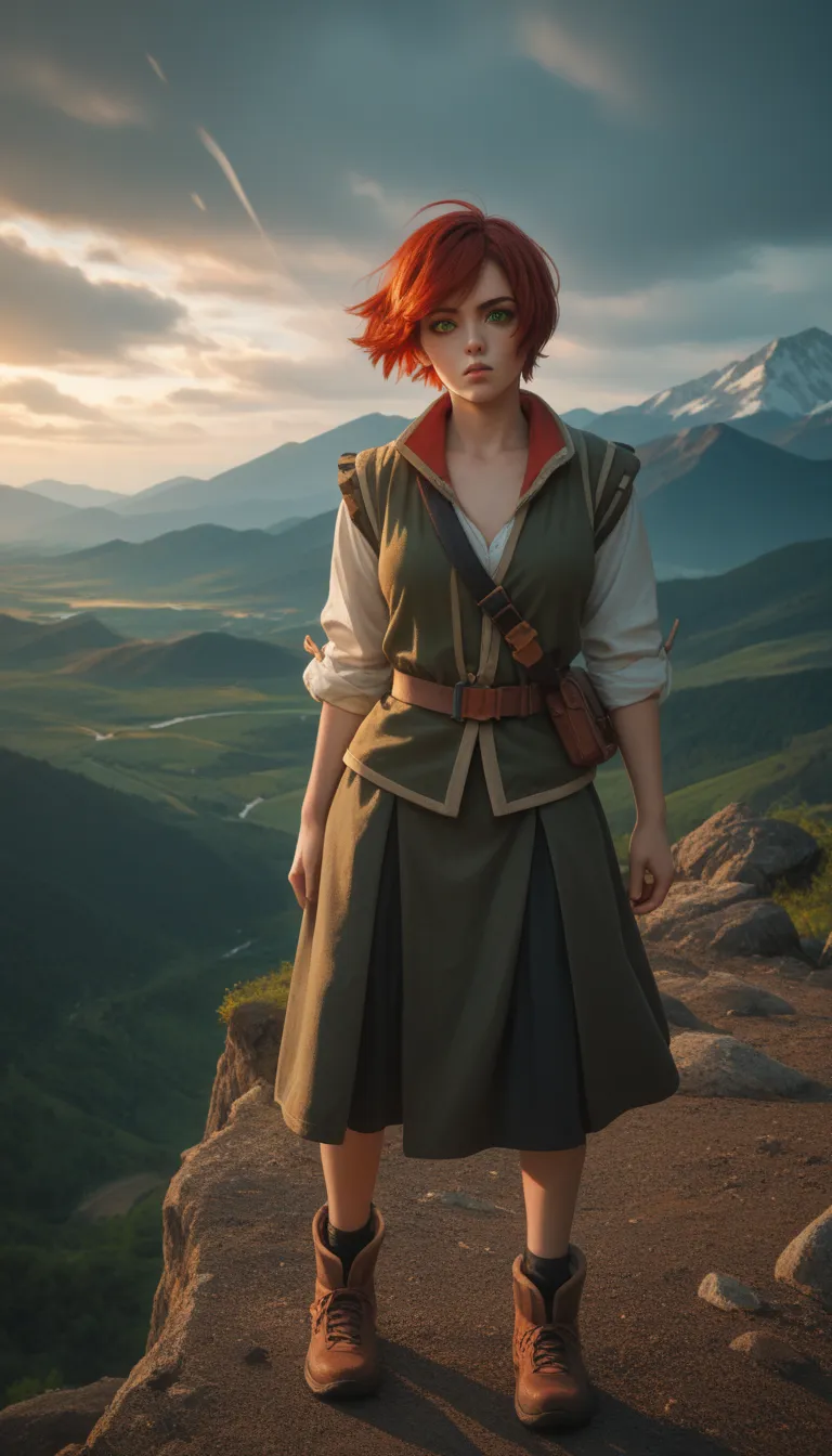 score_9, score_8_up, score_7_up,
W3Shani, 1girl, short hair, red hair, green eyes, looking at viewer, dramatic, solo, full body, mountain peak, wind blowing, dramatic lighting, rugged landscape, heroic pose, adventure