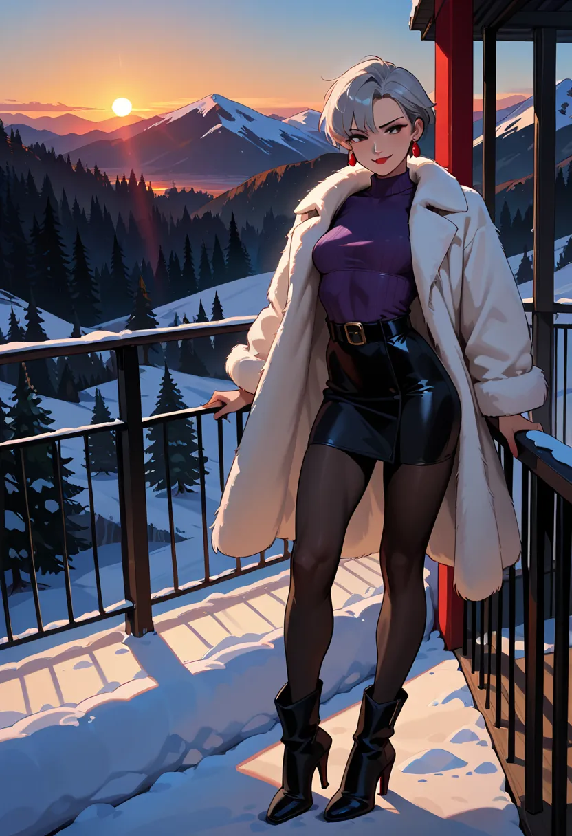    ((warm clothes, overcoat, fur coat, purple sweater, leather skirt, tights, pantyhose, high heel boots, mountainous environment, snow, sunny day, forest, tundra forest, xuer white fur coat, red lining, smug, belt, red lipstick)), ((viewpoint, balcony, su...