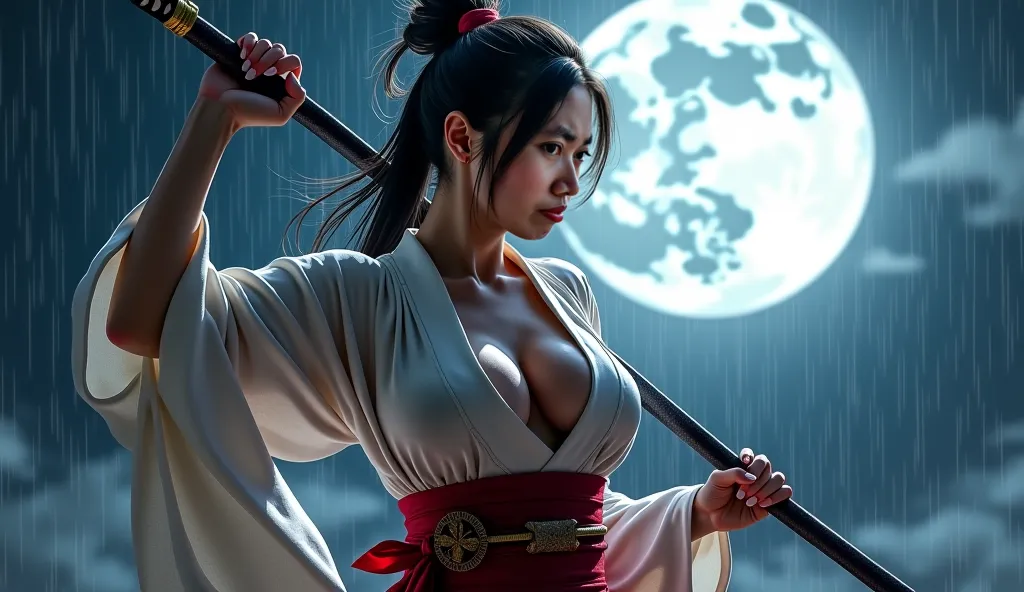 beautiful japanese woman with big breasts in a revealing short kimono, with a samurai sword, in a fighting pose, preparing to strike, night, big moon, moonlight, strong wind, raindrops,