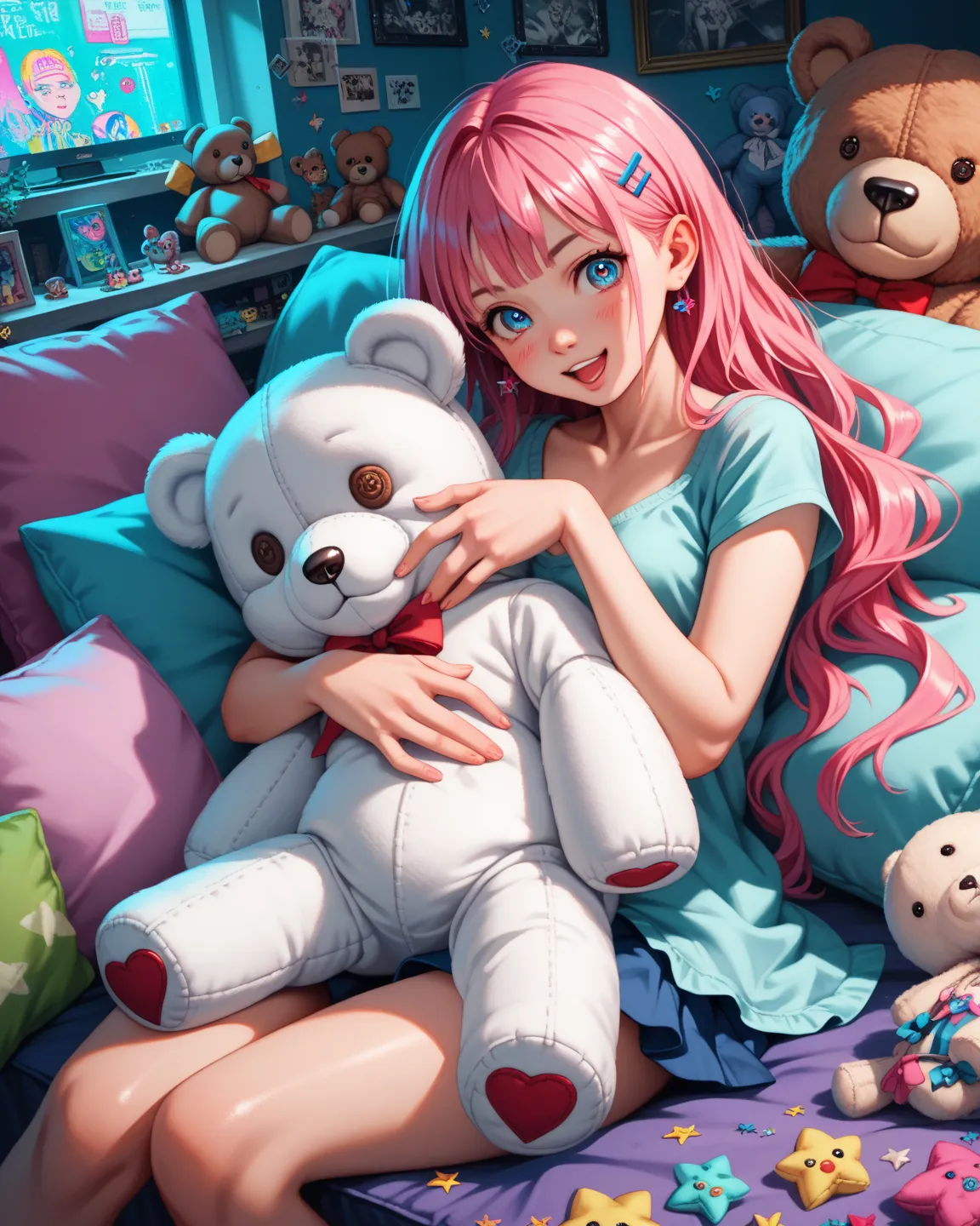 kawaii anime style , petit girl
, Teddy bear with a dildo in his crotch