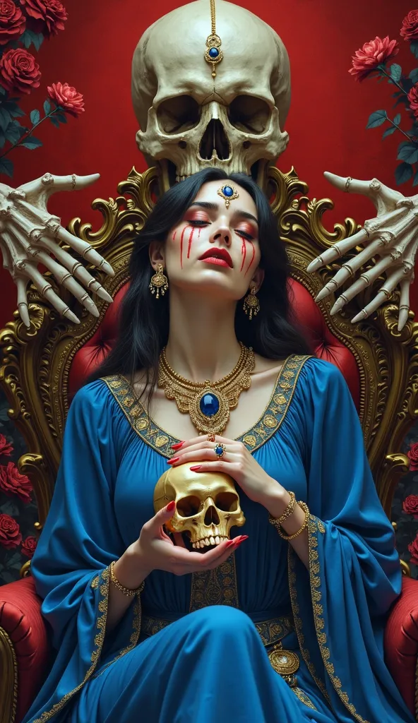 This image features a woman with a calm and mystical expression, mengenakan pakaian biru berhiaskan gold  yang megah, as well as sapphire jewelry on his ears and fingers. He sits on a throne decorated with skulls and bones, against a striking red backgroun...