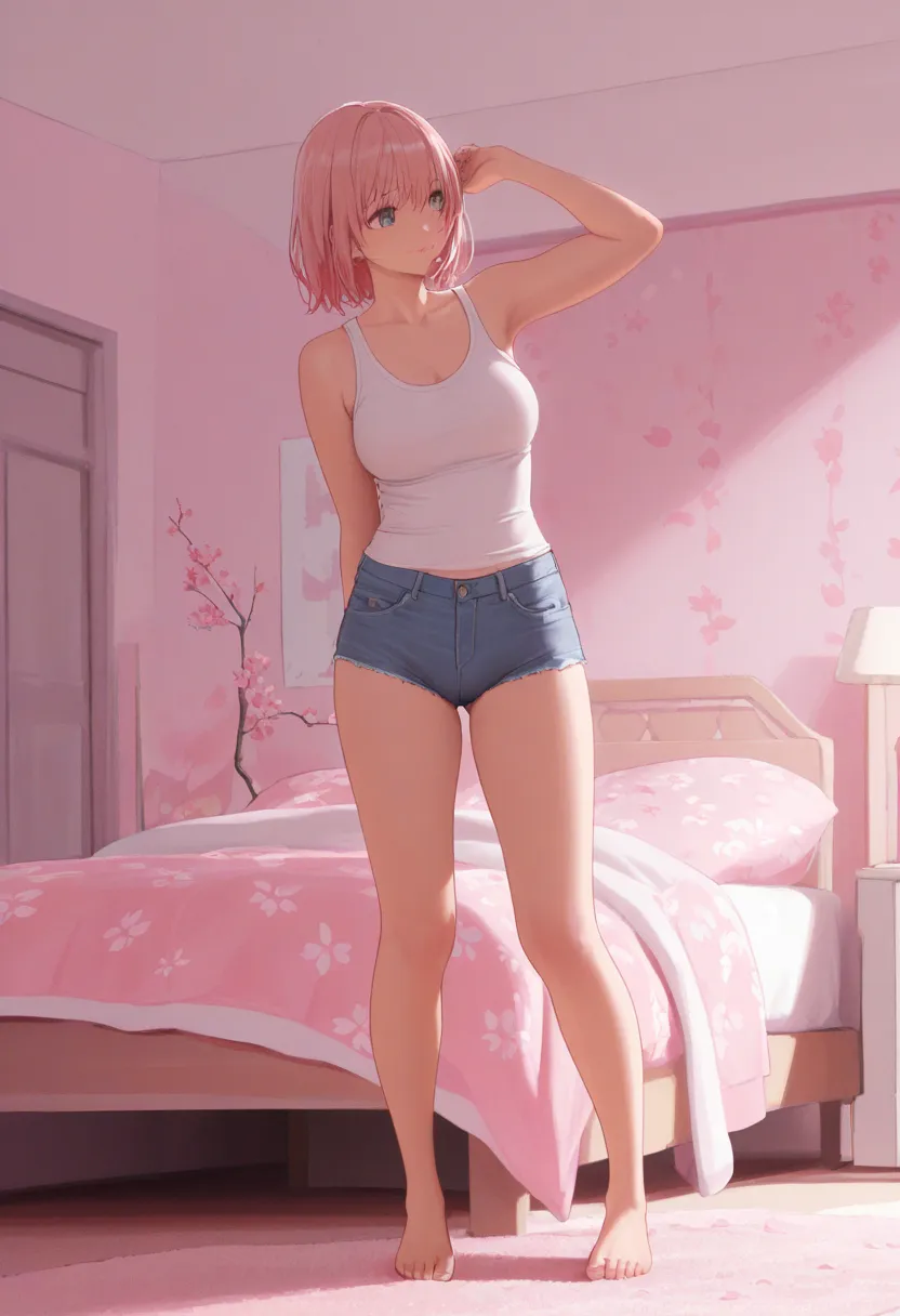 breasts,tank top,cameltoe,short shorts jeans,barefoot,full body,bedroom,sakura,