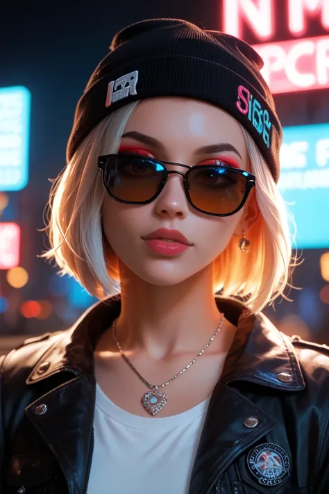 Face close up, alternative girl, watching over black sunglasses, jacket, necklace, neon light reflections on skin, ear ring, makeup, skin imperfection, short hair, beanie, neon lights background, low light, depth of field, highly detailed, high contrast, f...