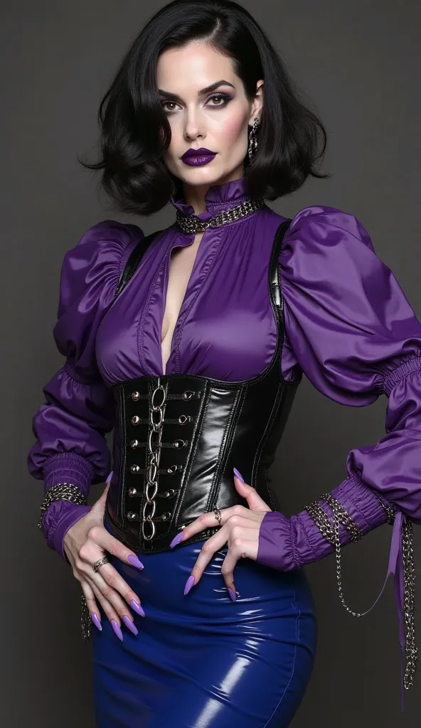 Angelina jolie, vampire, bloos, nosferatu, dracula, governant, pale skin, mistress, dominatrix, latex, metalic, metalic chains, metalic earings, purple latex heavy high neck blouse, puffy latex sleeves, black latex heavy corset, after knee royal blue latex...