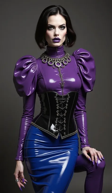 Angelina jolie, vampire, bloos, nosferatu, dracula, governant, pale skin, mistress, dominatrix, latex, metalic, metalic chains, metalic earings, purple latex heavy high neck blouse, puffy latex sleeves, black latex heavy corset, after knee royal blue latex...