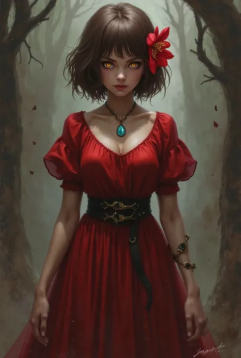 Banica Conchita is a girl with short brown hair in a formidable pose with a red flower on the right side and a long red dress with sleeves, with a black belt in the middle, with red-yellow eyes and a turquoise amulet around her neck.She has sharp teeth and...