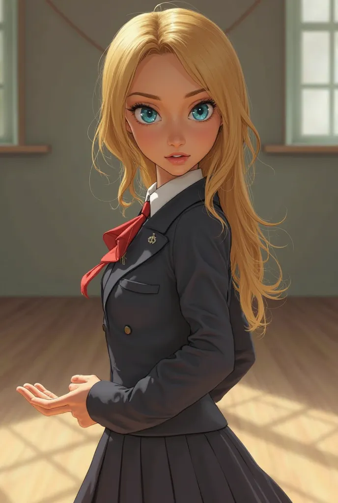 Tan woman, blonde hair, blue eyes, wearing a student uniform, is rehearsing.