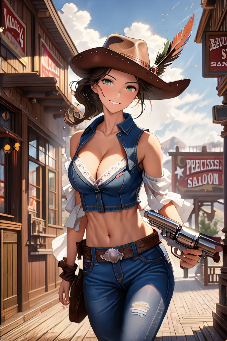 ((highest quality)),(Ultra-high resolution),(Very detailed),(Detailed Description),((The best CG)),(A masterpiece),Ultra-precise art,amazing drawing art,(Art with precise detail:1.5), (Female gunslinger:1.5),(Beautiful and well-proportioned face:1.6),(Tone...