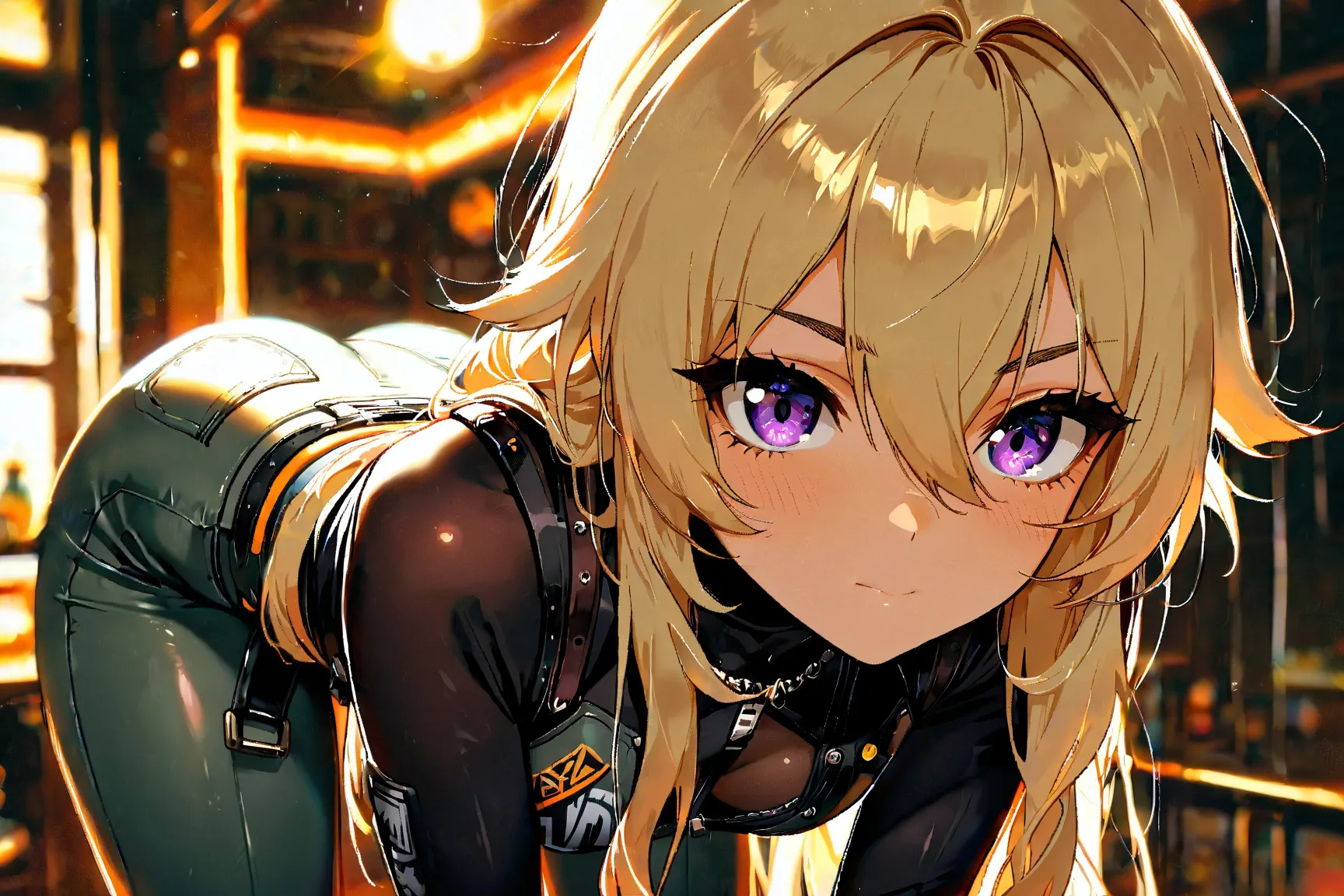 (zenless zone zero), \(AnimeBliss\), cowboy shot, bent over, very cute face, cute girl, A ridiculous expression, (best quality,4k,8k,highres,masterpiece:1.2),ultra-detailed,intricate details, high fashion, dramatic lighting, warm colors, chiaroscuro, long ...