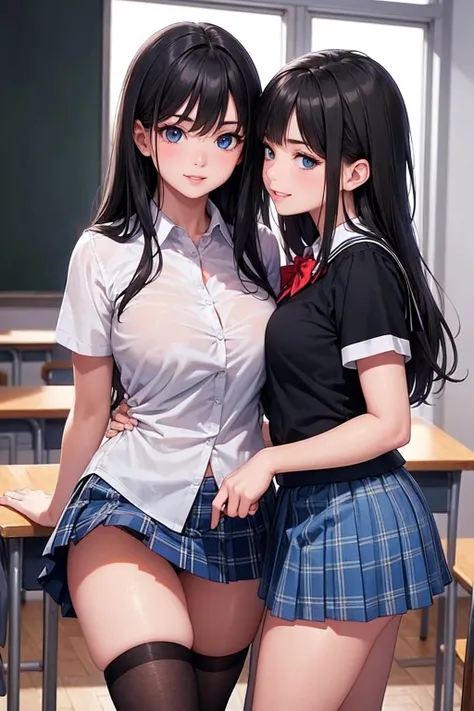 best quality,1 girl,((big breasts:1.5)),((((change,,,:1.3)))),curved,orgasm,,Blue Eyes,  black hair,long hair,((Two Sides Up:1.1)),((school uniforms,white shirt, plaid skirt,blue skirt,miniskirt,skirt,upskirt, white panties ,black thigh high socks:1.1)),((...