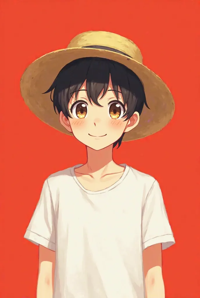 An anime boy character has light black hair with hazel eyes, a white t-shirt, a cute straw hat and a red background