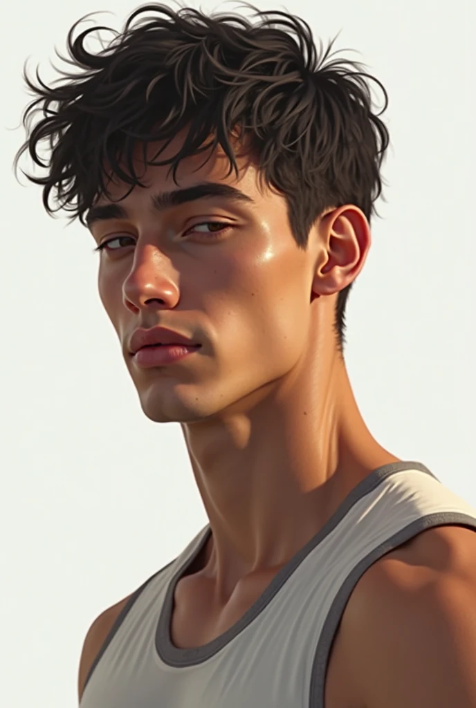 a young man in sportswear, relaxed expression,eyes closed,Dark hair,pale skin,athletic body,looking forward,white background,soft lighting,retrato,realistic,masterpiece,4k,computer,HIGH CONTRAST,warm tones