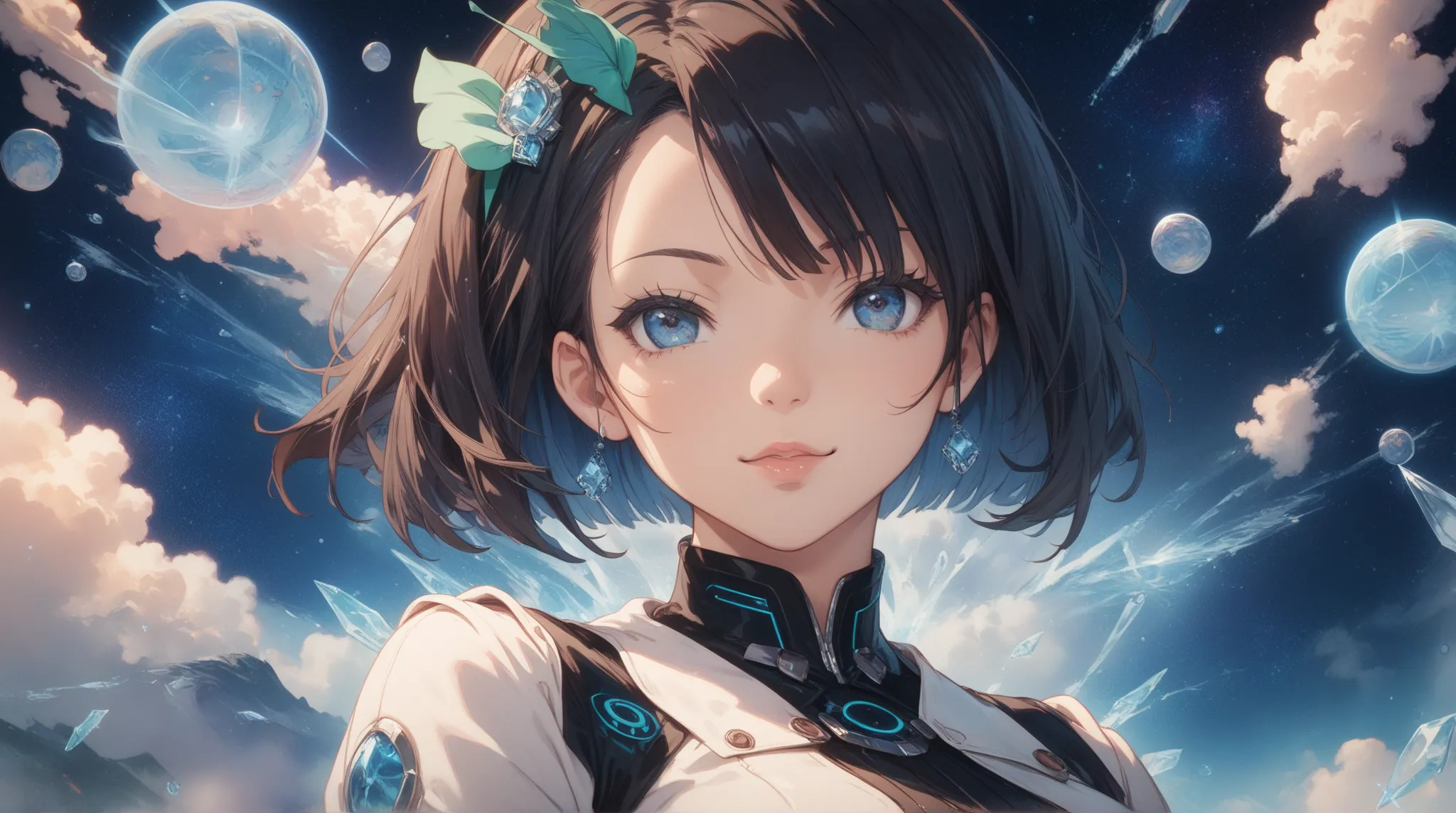 straight to front view of A futuristic anime girl with short, straight black bob cut hair cascading down her back, dressed in a sleek white button-up shirt with high-tech buttons that glow softly.  gazing at the viewer with a slight smirk. background space...