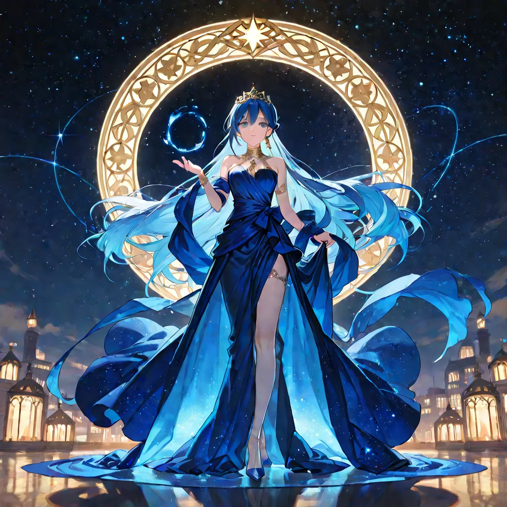 Create an image of a regal, elegant princess with flowing blue hair, wearing a beautifully detailed gown and a majestic crown. She stands gracefully, her gaze soft yet confident, exuding an air of quiet strength and nobility. The wind gently lifts the hem ...