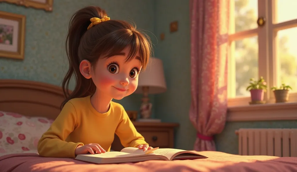 CREATE AN ANIMATED PIXAR CARTOON ILLUSTRATION OF ONE WITH BROWN HAIR ABOVE HER EARS AND TIED WITH RIBBON.  SHE'S IN HER ROOM AND SHE'S WEARING A YELLOW BLOUSE. YOUR GRANDFATHER IS SITTING ON A CHAIR NEXT TO THE BED WITH A BOOK IN HIS HANDS 