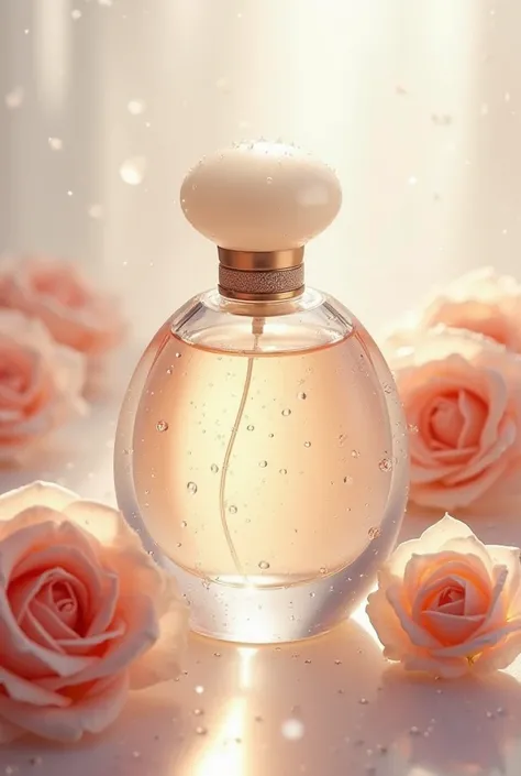 Create 3 delicately designed perfume bottles with soft and elegant lines. The bottle has a soft color gamut, harmoniously combines pastel colors like white, light gold and a hint of radiance, creates a gentle and noble beauty. Gentle light diffuses, highli...