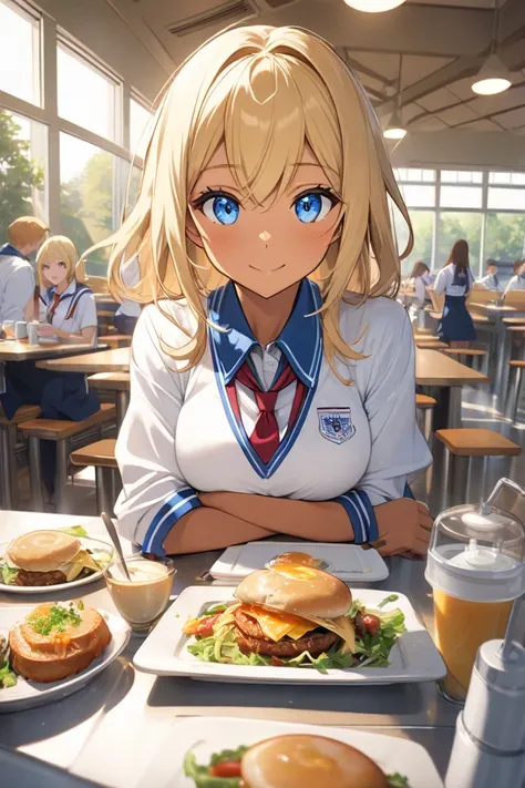 A tanned woman, blonde hair, blue eyes, wearing a college student uniform, is sitting down to eat at the university cafeteria.