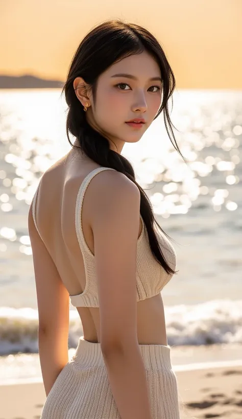 ((Full body photo facing backwards、Full body photo looking at me backwards、、 in return、One-sided medium black hair with beautiful wavy braids over one ear、slim and small buttocks、Poses that emphasize buttocks and thighs、gesture of putting one's hand at the...