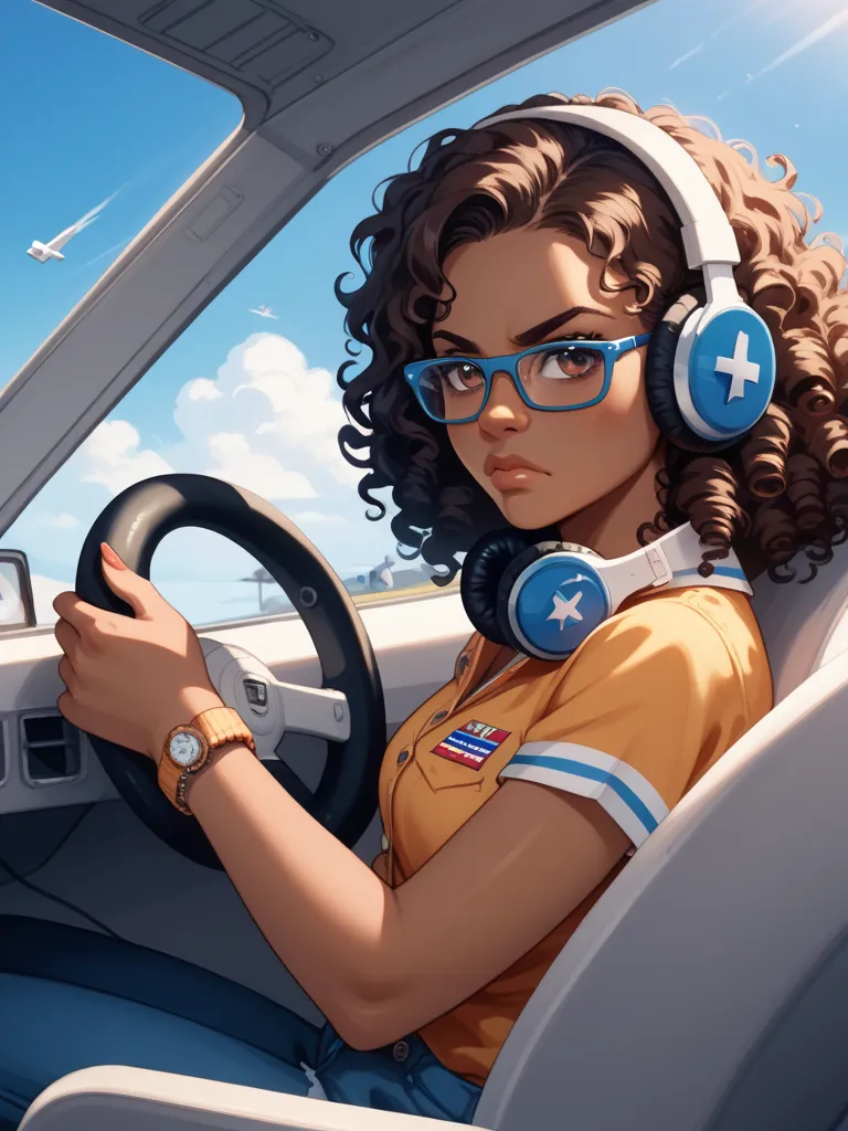 slender dark skinned girl with curly hair ,hazel eyes wearing glasses and headphones  annoyed and alone in row on airplane
