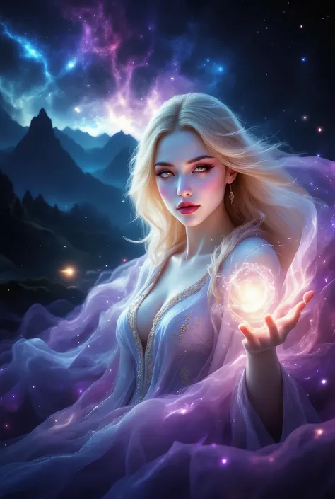 Beautiful Girl,  blond hair,  sophisticated figure , divine beauty,  beautiful eyes , lush eyelashes, Detailed Robe with unusual beautiful inserts, Her body radiates a small snow-white Glow, Beautiful Bright Details, Lies on a Soft Cloud of Black and Purpl...