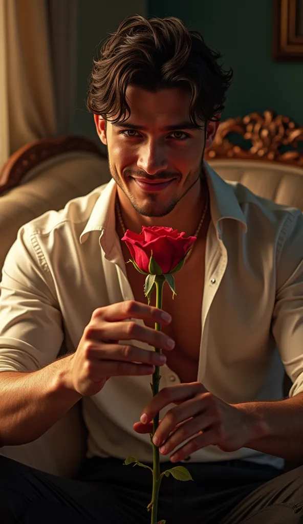 "A stylish and brutal young man holds a rose in his hands with a smile. Wearing an elegant unbuttoned, shirt that emphasizes his athletic physique. warm, , he creates an atmosphere of comfort and tenderness."