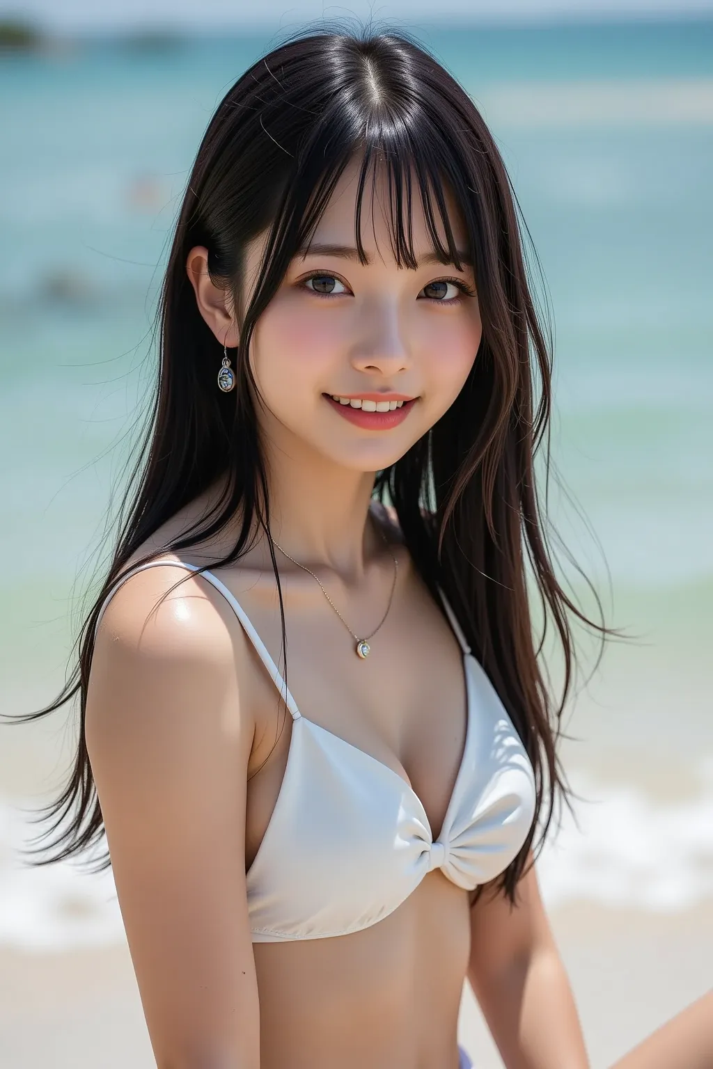 18-year-old Korean idol girl, posing solo in a cute glossy bikini, black hair flowing naturally with bangs, smiling softly with full lips and a mole on her cheek, lifting one leg gracefully with spread thighs, thick hips and big chest highlighted, cowboy s...