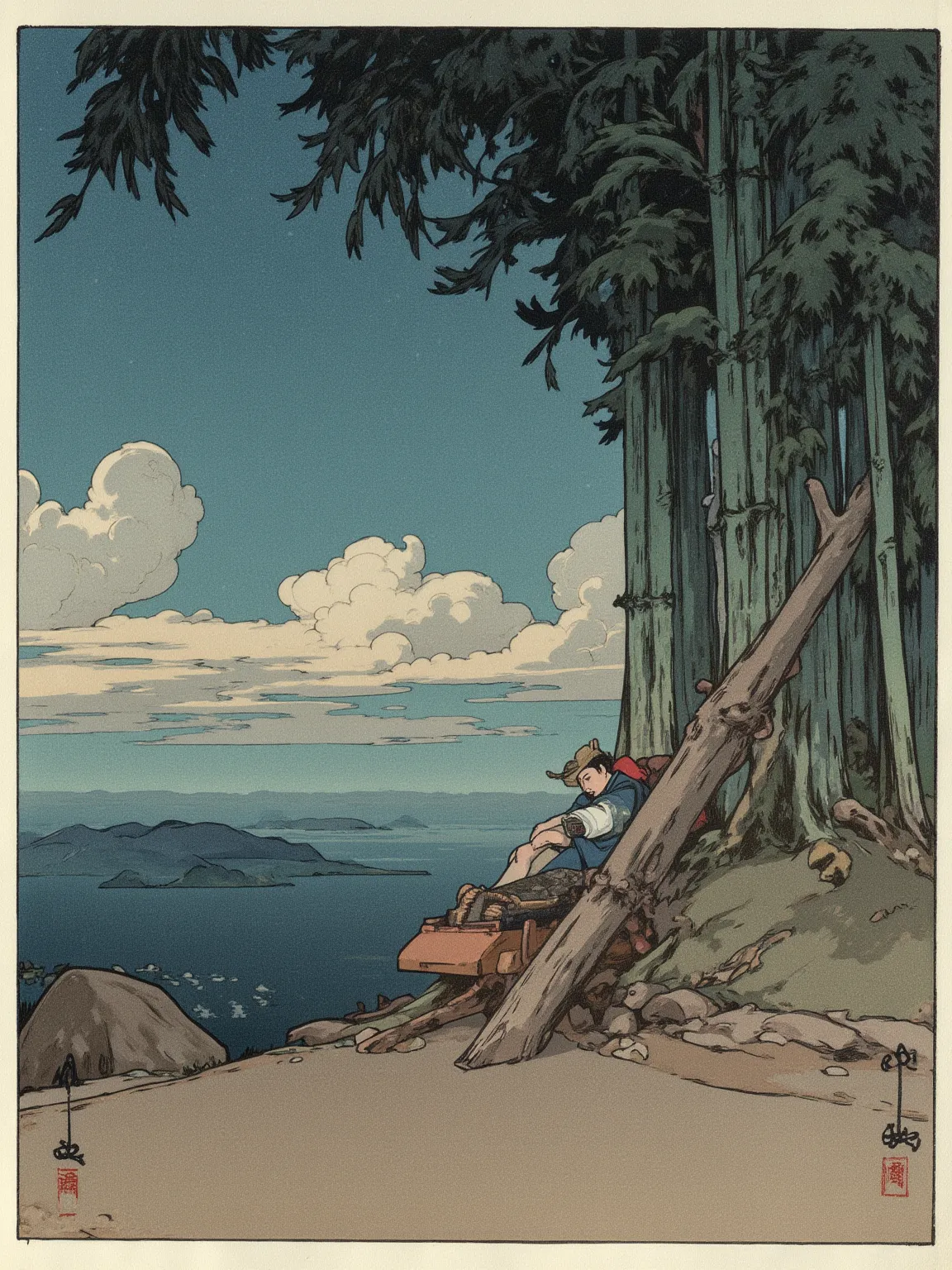 Ukiyo-e style multi-color woodblock print of the original Japanese landscape,New Prints,When it's dark,multicolor texture of traditional woodblock print,scenery that makes you feel travel and nostalgia,detailed,A felled bamboo tree is propped vertically on...