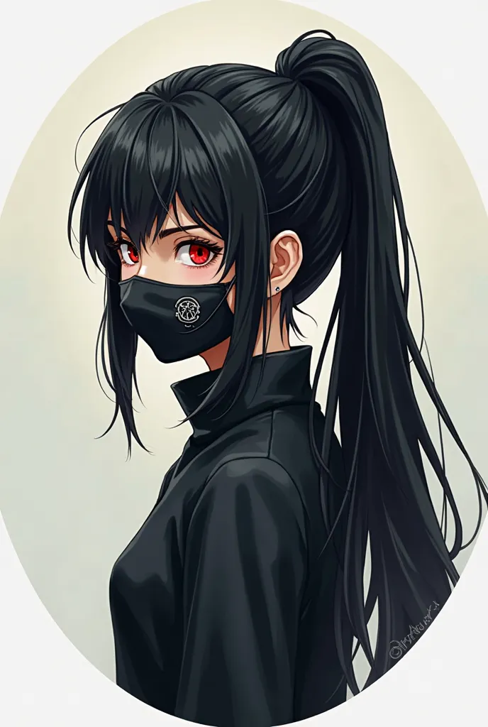 Here is a detailed text prompt to recreate the image using AI:  

*"A digital anime-style illustration of a young indian  girl with long black hair tied in a high ponytail. She has red-tinted eyes and wears a black face mask with a small white emblem on th...