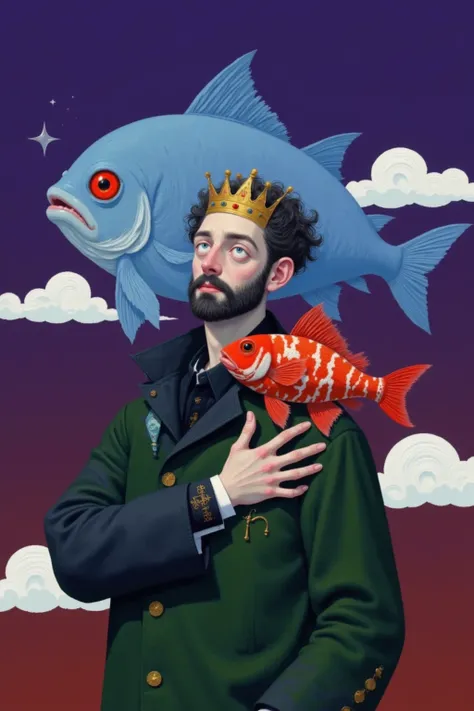 arafed man with a fish on his head and a crown on his head, a surrealist painting inspired by Ivan Generalić, behance contest winner, pop surrealism, pop surrealism art style, pop surrealism lowbrow art style, fish man, pop - surrealism, lowbrow pop surrea...