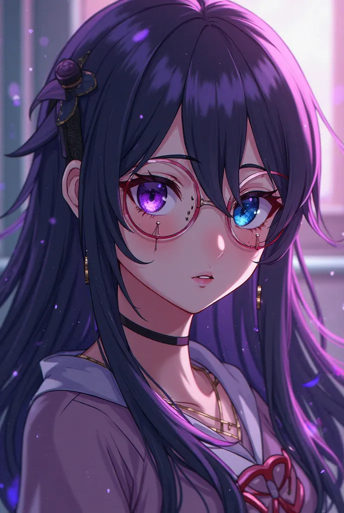 A Boku no Hero-looking girl with long dark purple hair, one eye blue and the other purple and with Brackets 