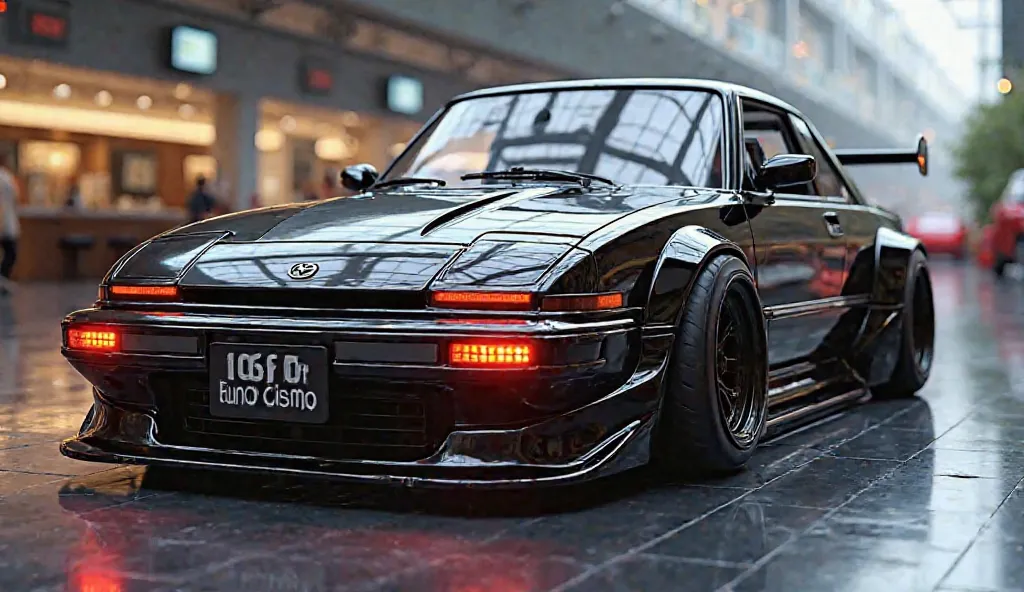 3D render of a heavily modified ( 1980 Mazda Eunos Cosmo)in(cars)in (black )colour, (fron front full view view view) The car features , ultra-high-detail glossy and shiny modifications, including sleek add-ons. The (cars ) logo is prominently displayed on ...