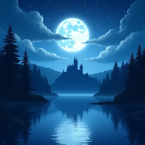 Night lake with the moon,  in a forest , with a castle at the bottom,  fantasy 