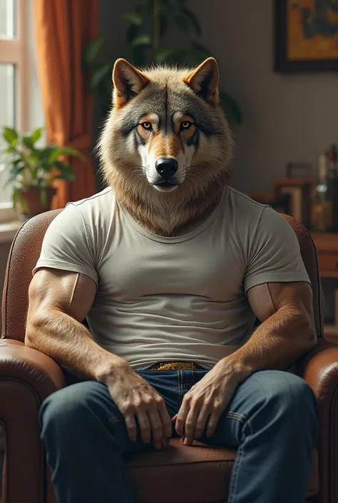 I want a picture of a muscular wolf sitting in your house to have clothes on