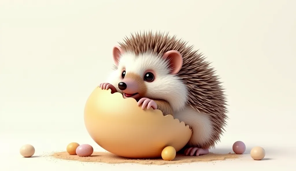 A super ultra-prepared, 8 thousand.  quality, easter egg in soft painted, with a tiny hedgehog, described in detail with thin S and fluffy needles and wool, Transparent PNG background ,  Jean Baptiste Monge style, laughter, caricature, humor, 3D rendering ...