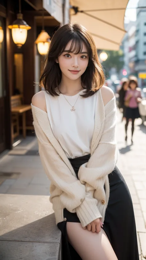 ((Best Quality, 8k, masterpiece :1.3)), 1 girl, Japanese,smiles, full body, Slender face, Pretty Woman, (dark brown hair), bob hair, Long Sleeve,long dress :1.1,  Super Detaild Faces ,  Delicate Eyes, Double Eye Lid,   blurry background  , Slender face, ci...