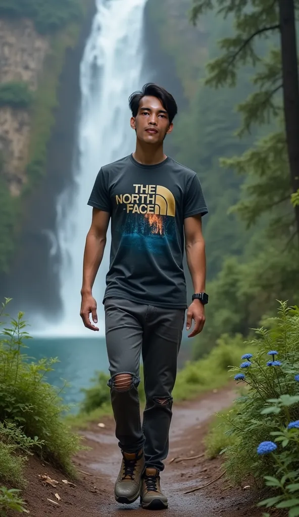 full-length photo of a 29-year-old young handsome Asian man with tanned skin tone, facial details, skin texture, and straight hair styled with a side parting.Wearing A dark Misty grey short -sleeved shirt with pictures Foggy pine forest and bonfire burning...