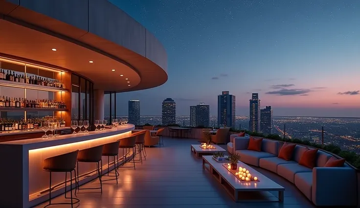 A rooftop wine bar with modern curved architecture, under the starry sky, city lights, modern, sleek high-rise buildings, warm space