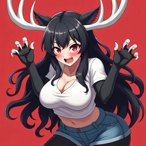 solo high quality, highly detailed, glowing red eyes, sharp teeth, white claws, large white antlers, long black hair, black deer ears, black arms and hands, black legs, cropped white shirt, blue denim shorts, blushing, large breasts, curvy, thick thighs, m...