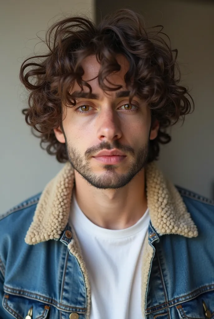 wearing a denim jacket and a white T-shirt, short,  has curly brown hair, high quality portrait, Ethan Klein, half body close-up,  slightly disheveled ,  8k selfie photo ,  headshot profile picture , about 1  , miles johnstone, Curly-haired puritan man wit...