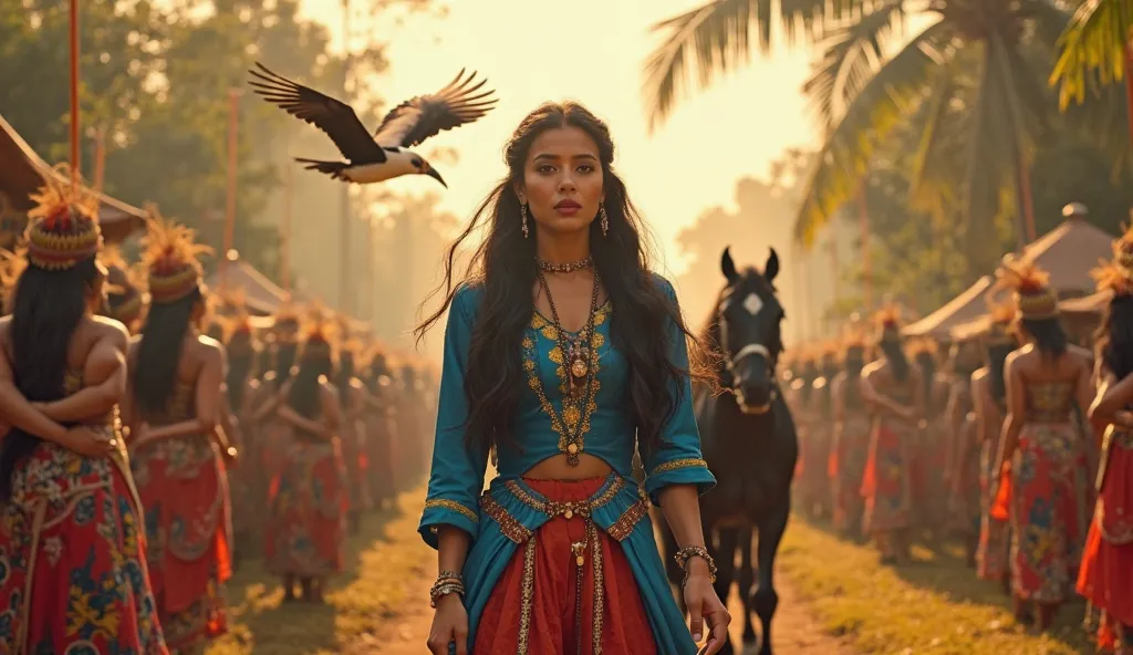 cinematic style

"Princess Among" (A Malaysian woman with long black hair is wearing a long tribal-looking dress that is blue on top, has a long-sleeved dress, and a red dress on the bottom) , black horse, Tula, and white and black Hornbill, while Zulu fli...