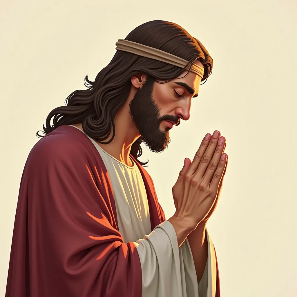 uma ilustração de Jesus Cristo In a prayer position. make sure the following details are included : - Eyes: (must be closed ) -Hands: (In a prayer position) - Background : (none, focus only on the figure ) Remember the need for a respectful representation ...