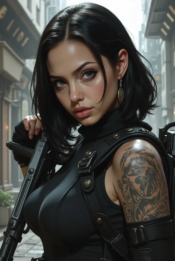 Black-haired military girl operative Mara with a gun in her hands and a tattoo