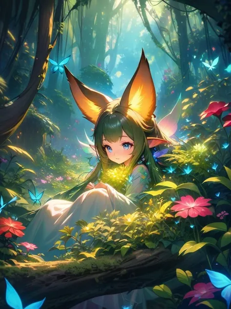  Best Quality、Magical forest with glowing flowers、A forest overgrown with greenery、cute kemomimi fairy