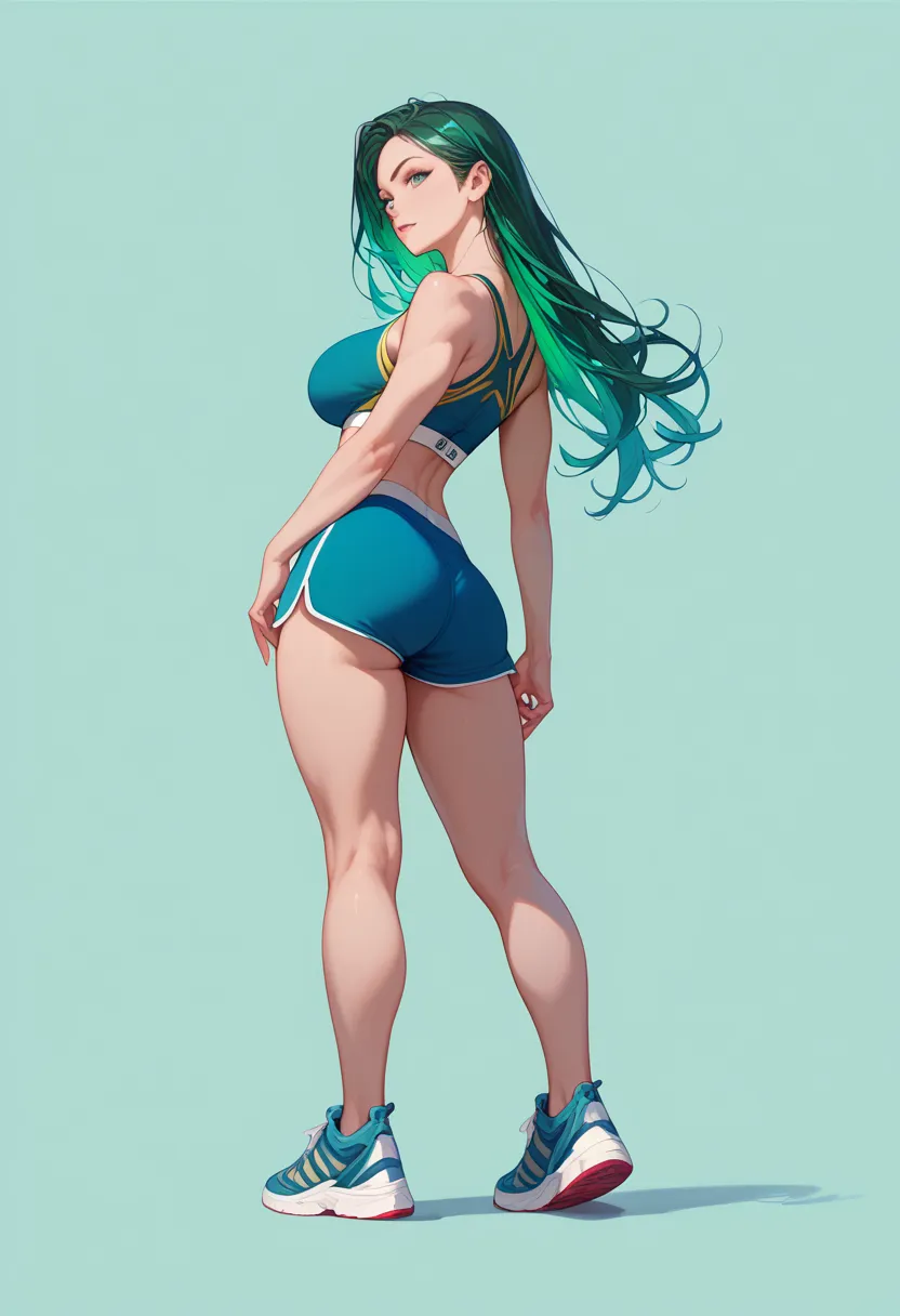 Top quality, full body, standing, from front,looking at viewer, simple background. pretty girl、Superman,Green colored hair、 long hair、 all back、 sports bra 、 Shorts、,large breasts, perfect body,Wear an aura、