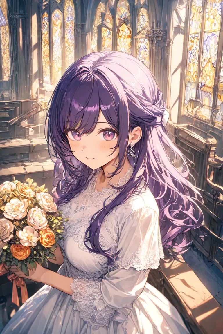 masterpiece,Best Quality,Super Detail,8k,front　upper body lift　one girl　cute smile up to the knee　purple hair half up　Wedding Dress　 Delicate Design 　bouquet　Stained Glass　church　Light shines from above