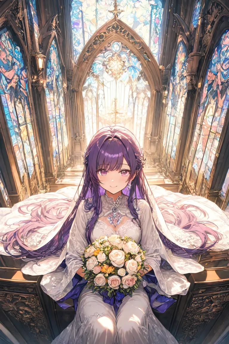 masterpiece,Best Quality,Super Detail,8k,front　upper body lift　one girl　cute smile up to the knee　purple hair half up　Wedding Dress　 Delicate Design 　bouquet　Stained Glass　church　Light shines from above