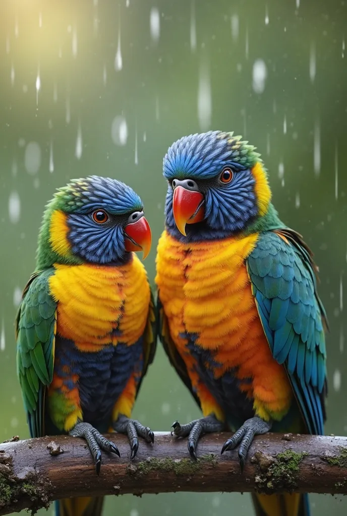 Créez une scène intime et protectrice d'un perroquet adulte qui protège ses petits sous la pluie. L'image doit capturer la tendresse familiale et la beauté de la nature, avec un accent sur les couleurs vibrantes des oiseaux et la douceur de l’environnement