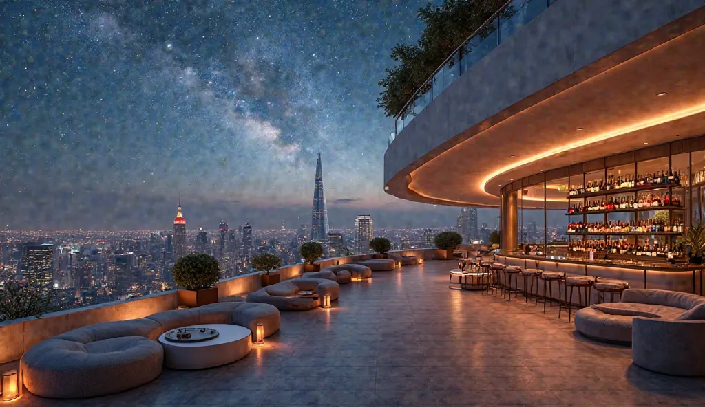 A rooftop wine bar with modern curved architecture, under the starry sky, city lights, modern, sleek high-rise buildings, warm space